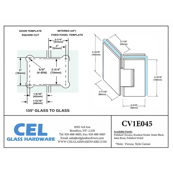 CV1E045, 135 Degree Glass to Glass Hinge for Shower Door