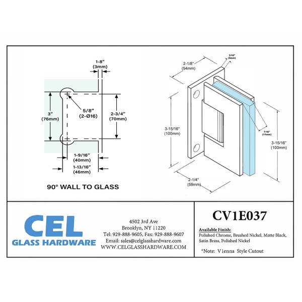 CV1E037, Wall Mount Full Back Plate Hinge for Shower Door
