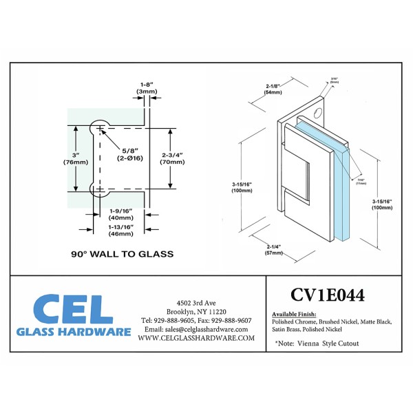 CV1E044, Wall Mount Offset Back Plate Hinge for Frameless Shower Door