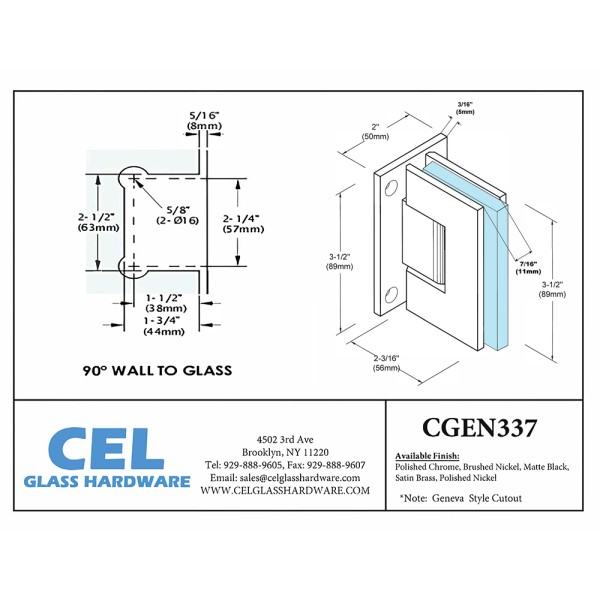 CGEN337, Shower Door WALL Mount Full Back Plate -Adjustable