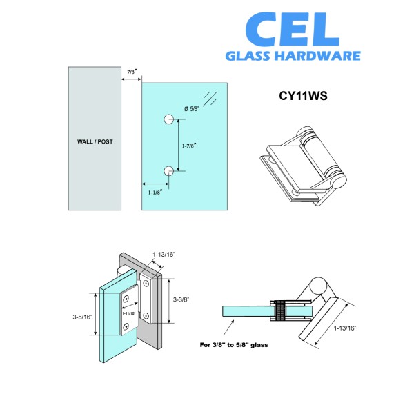 CY11WS, Glass to Wall Heavy Duty Hinge for 3/8" to 5/8" Thickness Glass, flat pin