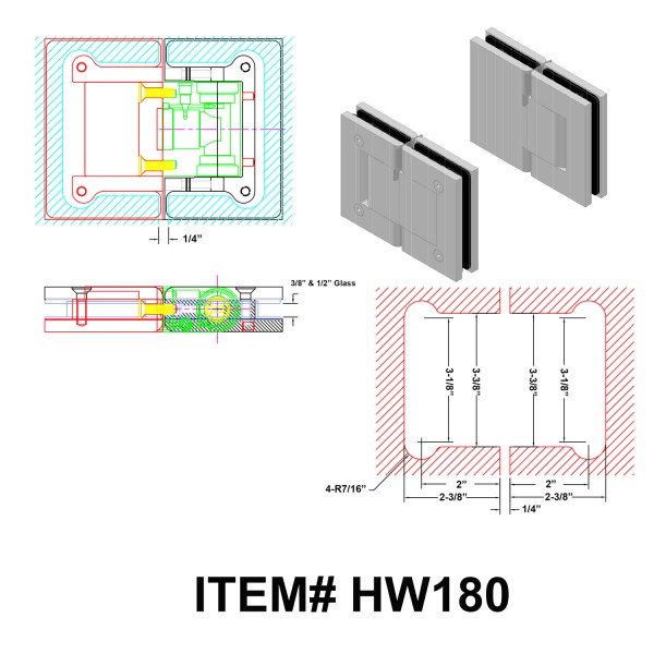 HW180, 180° Glass-to-Glass Hydraulic Hinges Set for 3/8" ~1/2" Glass (1 Spring & 1 Hydraulic)